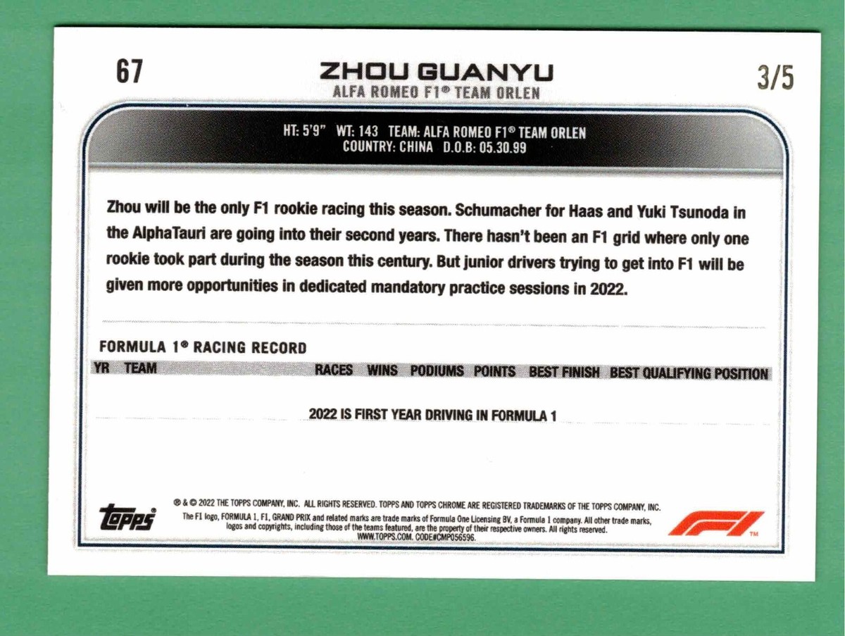 2022 TOPPS CHROME F1 ZHOU GUANYU RED RAYWAVE REFRACTOR ROOKIE RC 3