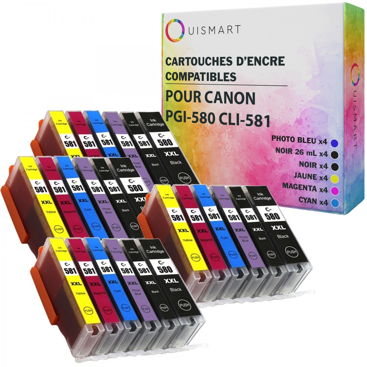 Cartouches PGI-580 CLI-581 Canon compatibles par Ouismart, pack de 24 réservoirs XL haute capacité