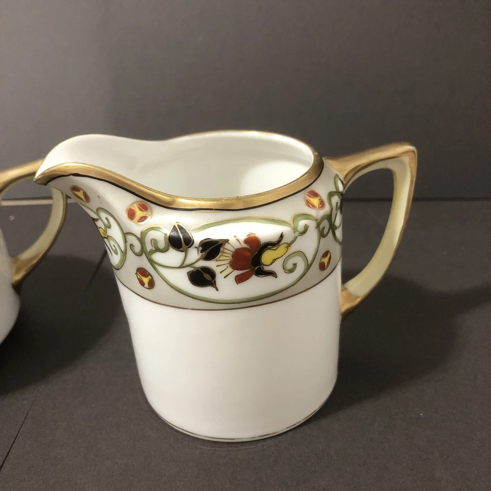 Antiguo juego de azúcar y crema nipón pintado a mano floral dorado - LEER- Foto 3 de 4