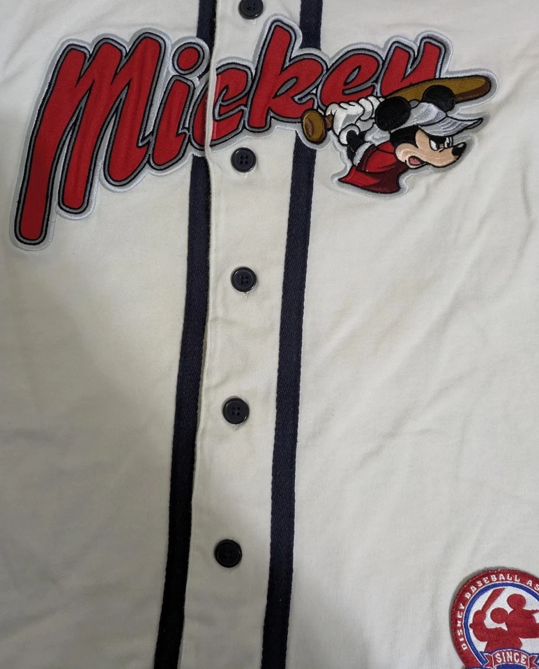 Camiseta de béisbol Disney Mickey Mouse juvenil XL blanca azul marino parche 1928 niños Foto 2 de 4