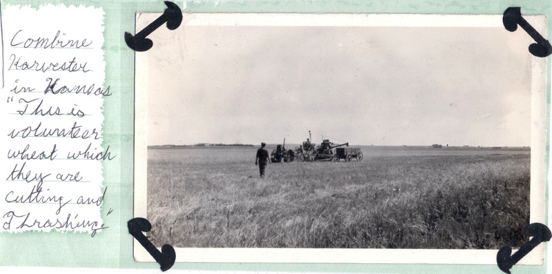 VINTAGE PHOTOGRAPH FARM TRACTOR COMBINE HARVESTER WHEAT FIELDS KANSAS OLD PHOTO