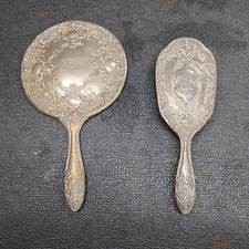 Vintage Silverplate Hair Brush Mirror Floral Design Heavy Vanity Set