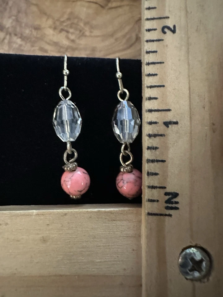 Pink Howlite & Crystal Beaded Gold Tone Hook Dangle Earrings - Image 2 of 3