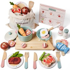 Wooden Play Kitchen Accessories Pretend Toy Pots and Pans Sets for Kids Kitch...