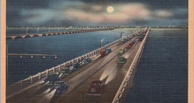 Postcard Galveston Texas New Two Million Dollar Causeway Night View Full Moon