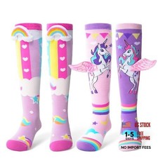 3D Cute Knee High Socks for Girls Kids, Mismatched 3-12 Years Unicorn Rainbow