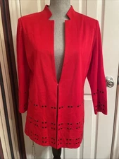 MING WANG Small Red Solid KNIT JACKET Studs Embellish 3/4 Sleeve NWT