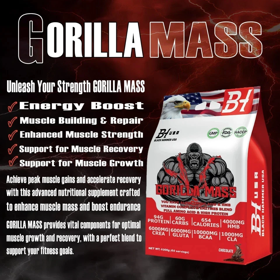 GORILLA Mass Gainer 4k Schokolade 🍫  Muscle Growth Formula– Black Hammer USA - Bild 2 von 4