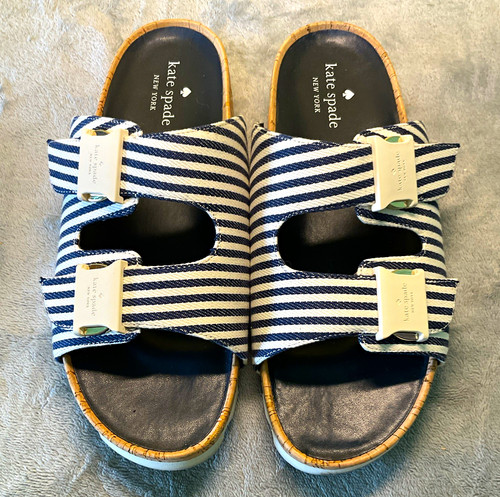 Kate Spade New York Blue White Striped Slide Sandals Buckle Logo Women Casual