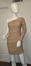 One Shoulder Bodycon Ruched Mini Dress Size Small Tan Nude