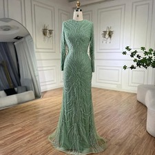 Evening Dresses Muslim Sage Green Mermaid Cape Sleeves Beaded Satin Party Gowns 