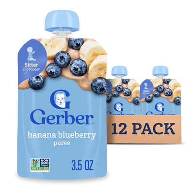 Gerber Stage 2 Baby Food, Banana Blueberry Puree Pouch, 12-Pack