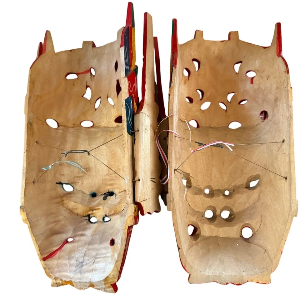 2 Vtg Chinese Hand Carved Painted Wood Face Mask Hanging Nuo Opera Warrior Art - Image 2 of 4