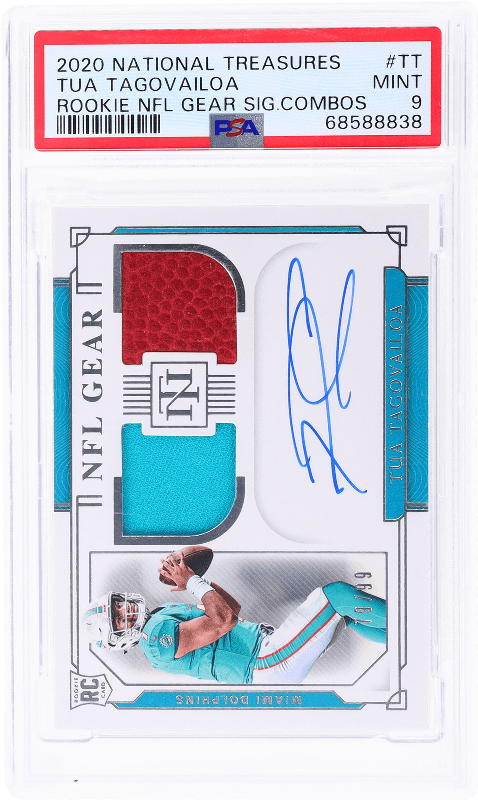 2020 National Treasures Tua Tagovailoa Rookie NFL Gear Auto Combos /99 PSA 9 RC