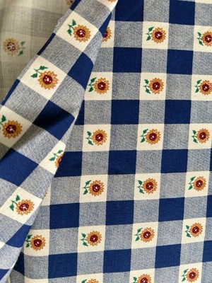 Vintage NOS Blue Gingham Sunflower Fabric 4 Yards Plaid Check Country Quilting