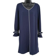 Sharagano Shift Dress 4 Navy Blue Long Poet Sleeve V Neck White Piping Bow Cuff