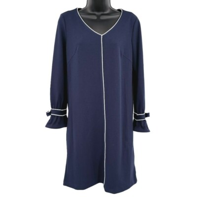 Sharagano Shift Dress 4 Navy Blue Long Poet Sleeve V Neck White Piping Bow Cuff