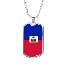 Haiti Flag Necklace Stainless Steel or 18k Gold Dog Tag 24"