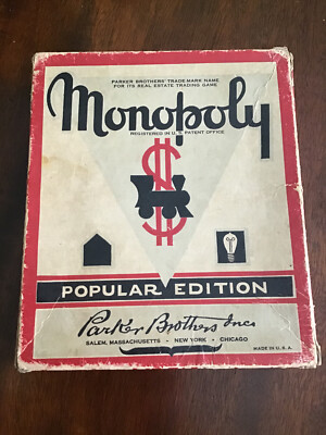 Monopoly Game 1951 Edition Box with Cards Rules and Wooden Houses