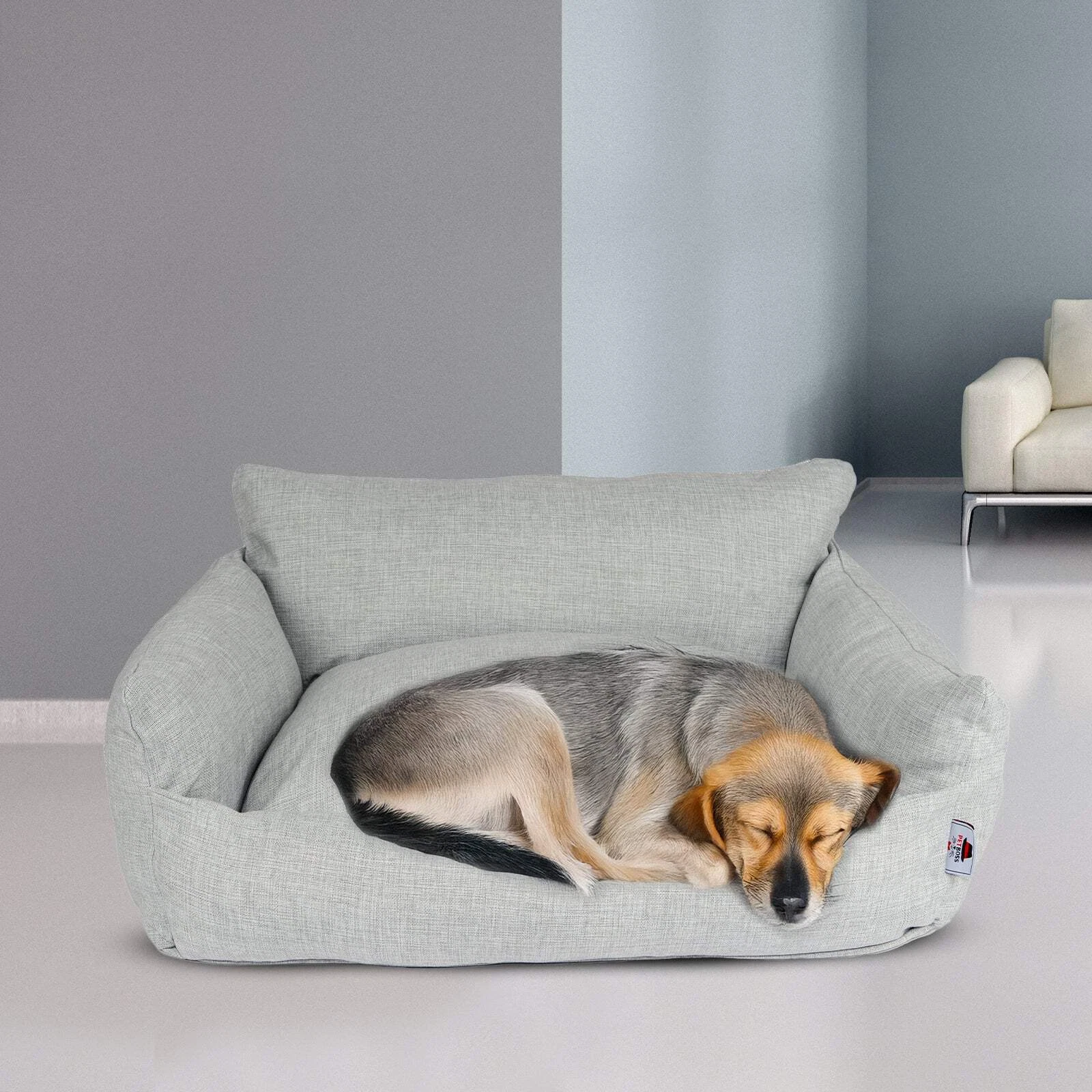 Grey Blue Linen Dog & Cat Bed Removable Cover Zipped Washable Pet Sofa