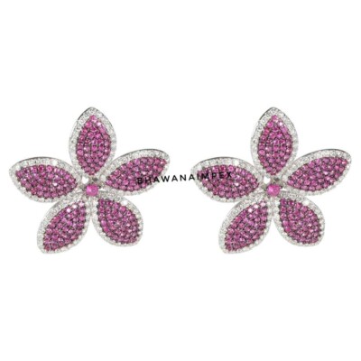 Natural Rose Cut Diamond & Ruby Floral Earrings 925 Sterling Silver Jewelry