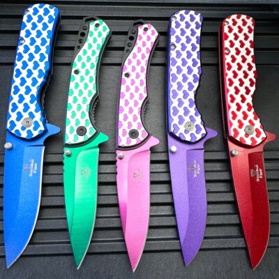 8'' Heart Engraved Assisted Pocket Knife EDC Folding Knife Two Tone Handle