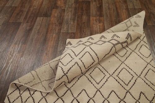 Geometric Earth-Tone Moroccan Oriental Hand-Knotted Modern Ivory Wool Rug 5'x8' - Picture 7 of 12