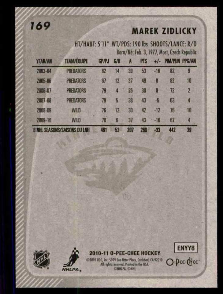 2010-11 O-Pee-Chee Marek Zidlicky #169 - Image 2 of 2