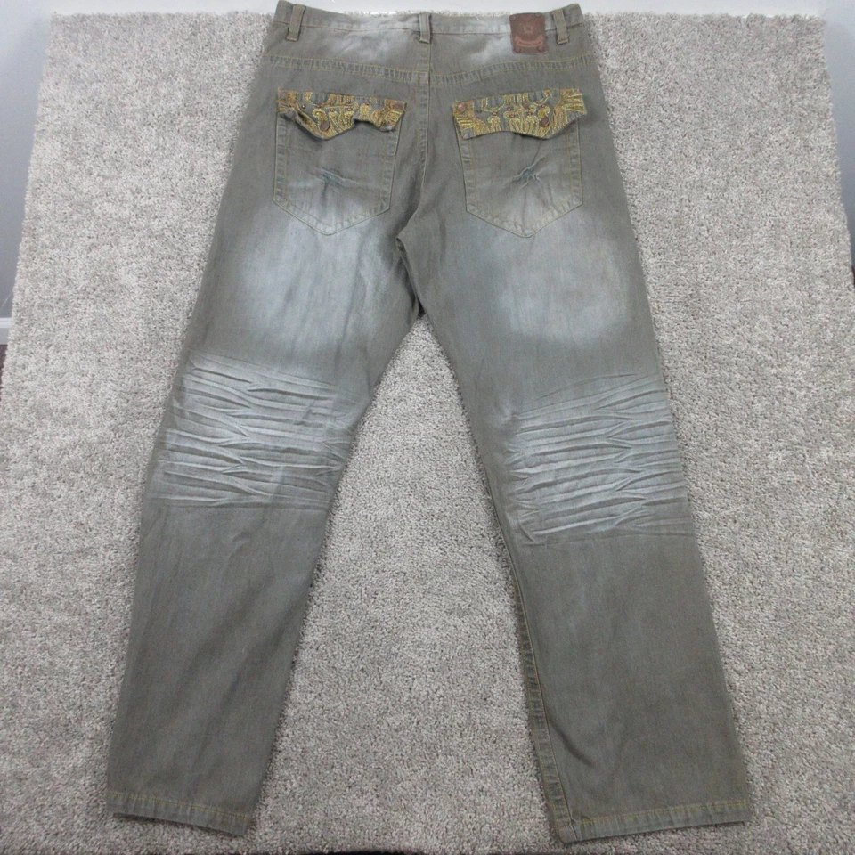 Pantalones de mezclilla vintage Brooklyn Xpress para hombre 38x34 verde desteñido Y2K solapa bolsillo patinador rap Foto 3 de 4