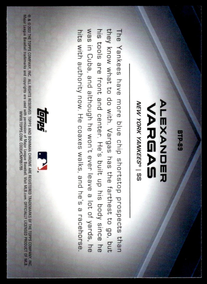 2022 Bowman Scouts' Top 100 Alexander Vargas New York Yankees #BTP-89 - Image 2 of 2