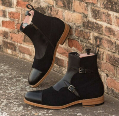 Herren Handgefertigt Stiefel Zweifarbig Wildleder Leder Knöchel Schnalle Formell Leger Elegant Schuh