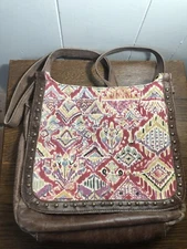 SAKROOTS Berry Brave Brown Leather/Canvas Shoulder Bag/Crossbody 12 x 10 Studded