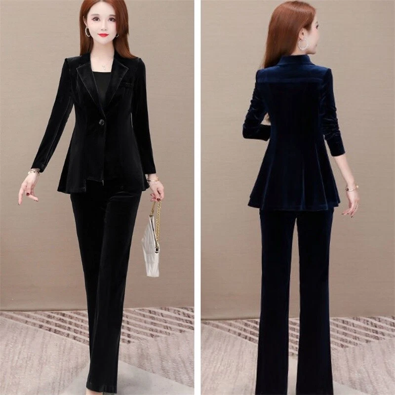 Mode Damen Samt Jacke Blazer Hose Anzug Formelle Business Ol Satz Elegant - Bild 1 von 4