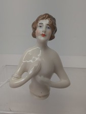 3.5" Antique German Bisque Half 1/2 Doll Lady Brunette Extended Arms BL Eyes CC8