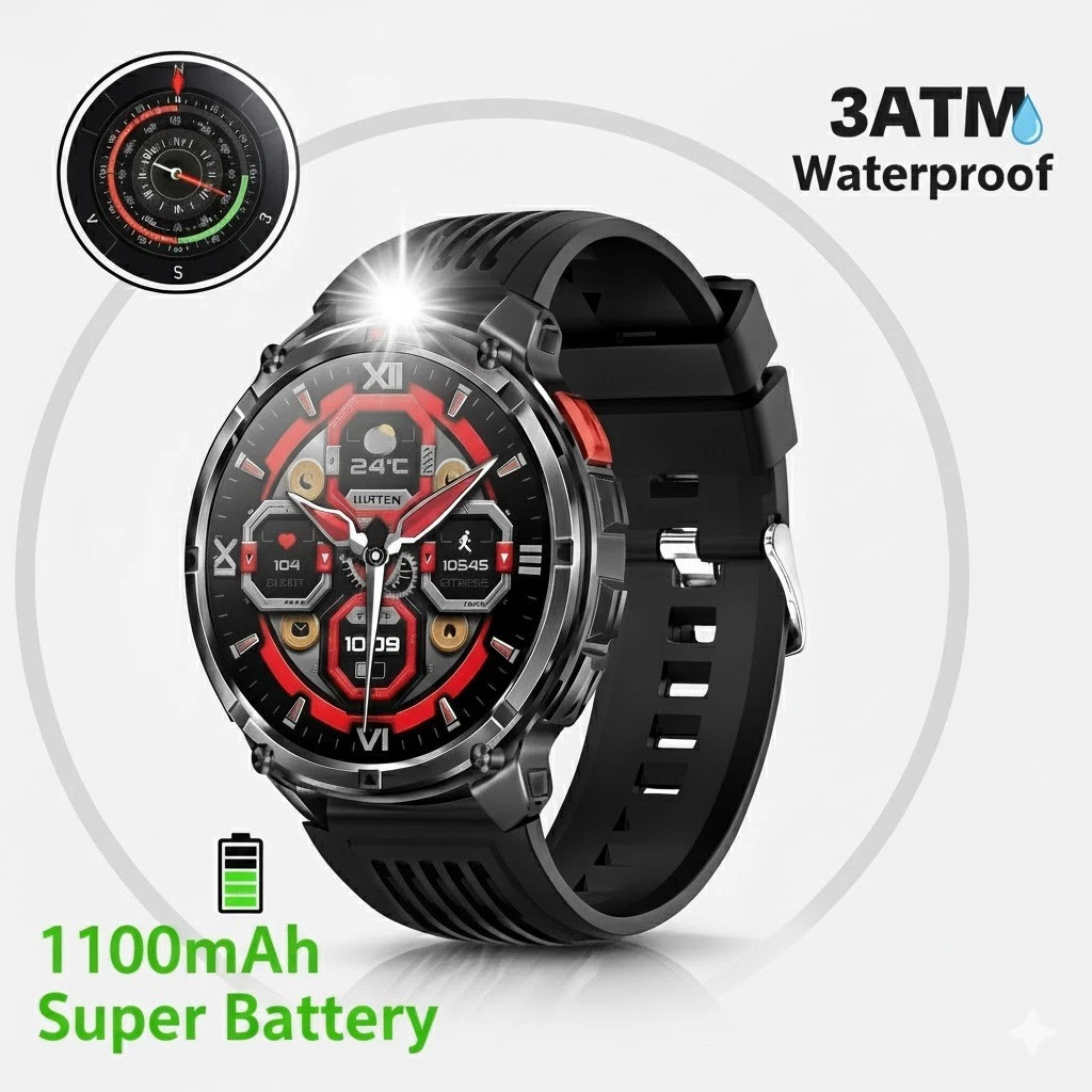 1.7" Smart Watch Compass 1100mAh 3ATM Waterproof Fitness Tracker BT Call