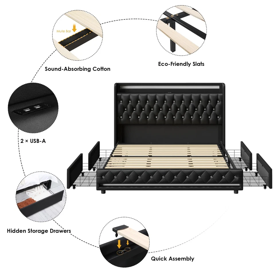 Marco De Cama Plataforma KING Con Almacenaje Cabecera Tapizada Cuero PU LED Luz - Image 4 of 4