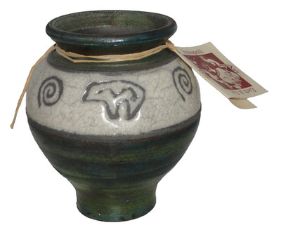 2004 Ben Diller ~ Kokopelli Raku Vase ~ Iridescent Green ~ Earth & Fire ~ OOAK 