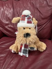 Gentle Treasures Dog Plush Medium Brown with Plaid Hat  Scarf Winter NWT