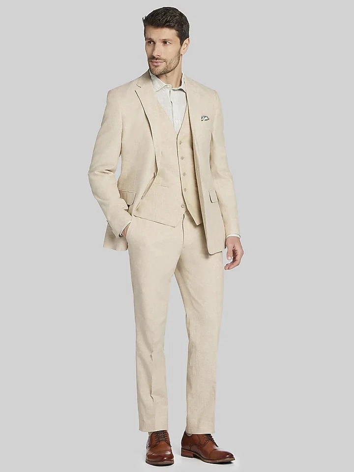 Tan Beige Linen Cotton 3 Piece Suit Joseph Abboud 38r 34x29 - Image 4 of 4