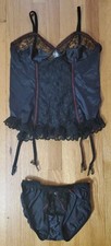Vtg Lingerie w Nylon String Bikini 1X Lace Second Skin Panties USA Antron Black