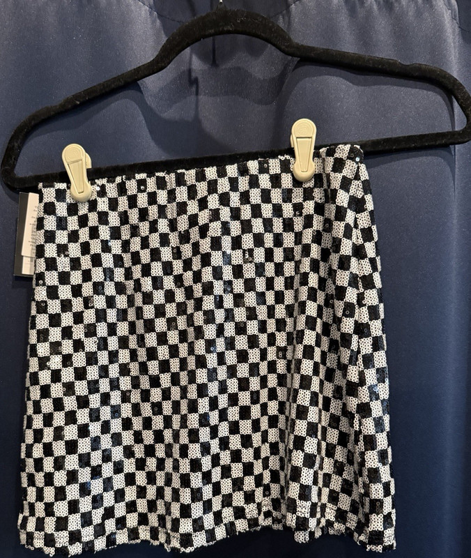 Black/White Check Sequin Mini Skirt Pull-On Stretch Size S