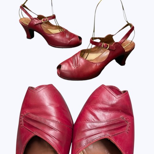 Vintage 1940er rot Leder Peeptoe Slingback Heels 8,5 Art Deco Pinup WW2 tragbar