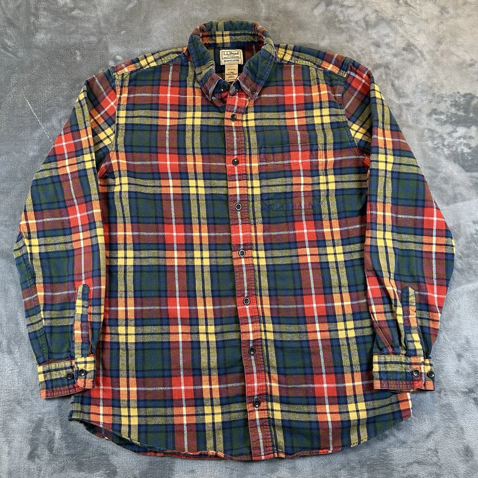LL Bean Shirt Mens L Red Green Plaid Flannel Slightly Fitted Button Down Outdoor