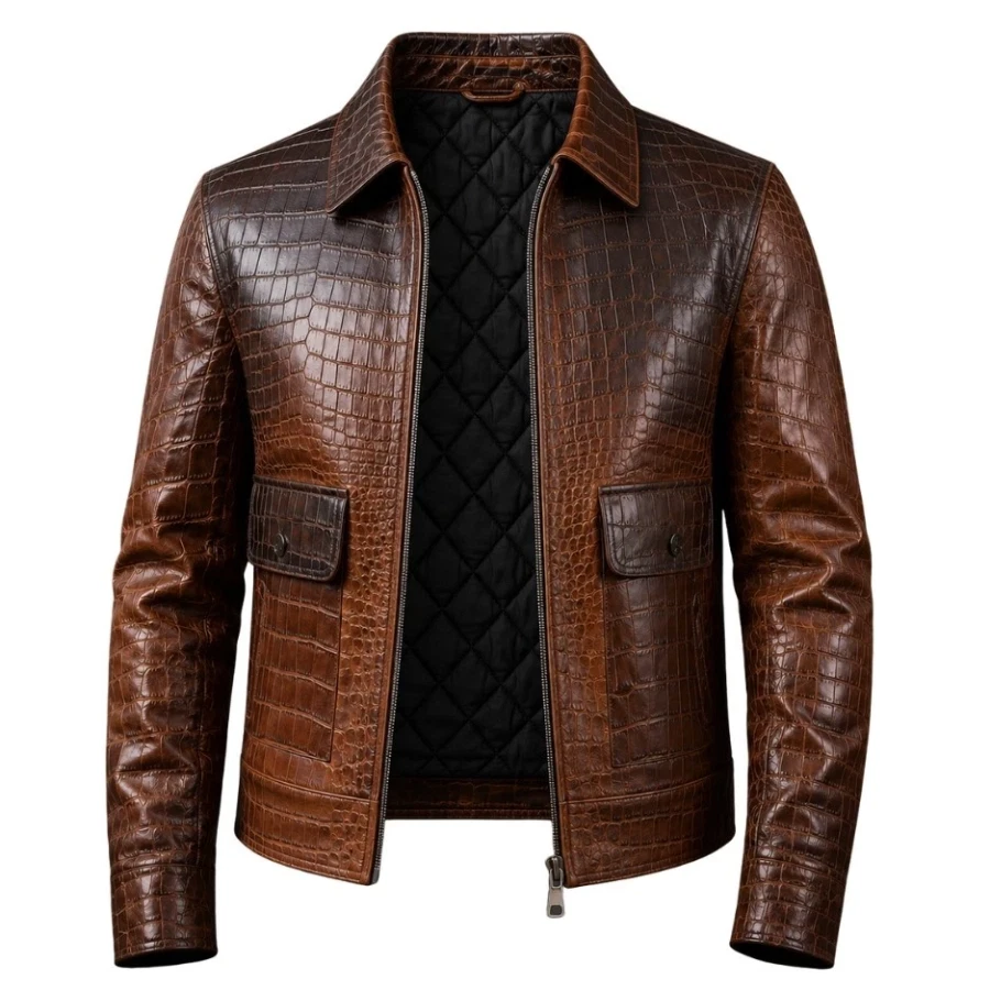 Mens Croc Print Real Brown Leather Biker Jacket Embossed Alligator Vintage image 2