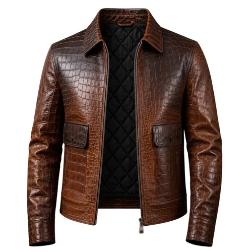Mens Croc Print Real Brown Leather Biker Jacket Embossed Alligator Vintage image 2