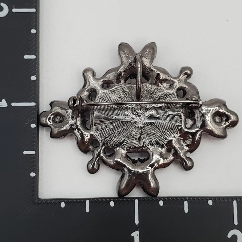 Faceted Red Glass Brooch Pendant Combo 2in Gunmetal Black Rhinestone Victorian - Image 2 of 4