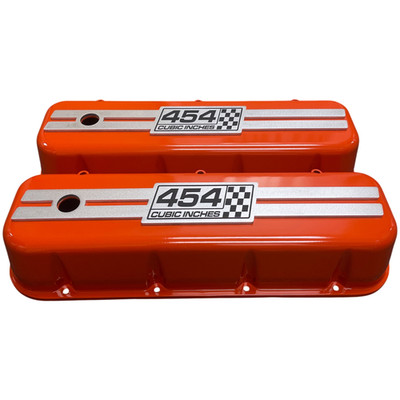 Big Block Chevy Valve Covers - 454 Cubic Inches Billet Top - Orange Powder Coat