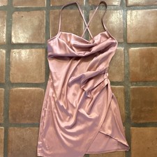 Pink Satin Strappy Sleeveless Cowl Neck Mini Slip Dress Party Cocktail