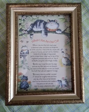 Vintage Framed Poem "When I Am An Old Cat" Artwork Kitty Diamond Collar 8x6”