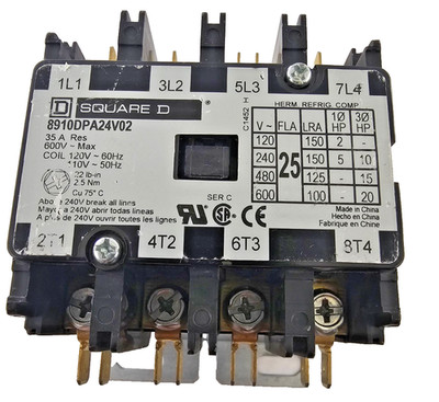 Square D 8910-DPA24-V02 Def Purpose Contactor 4 Pole 25 FLA 110/120 VAC Coil
